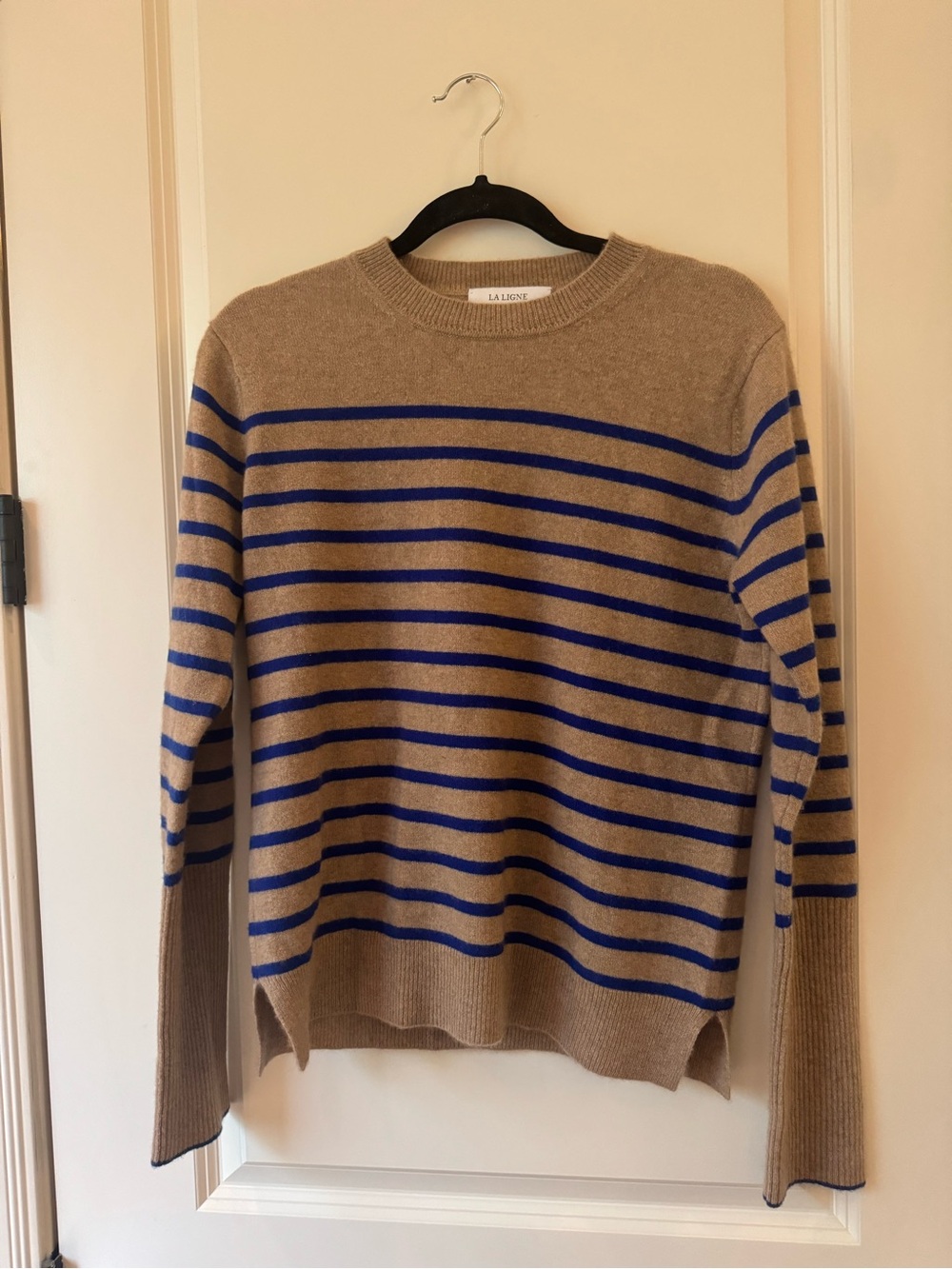 La Ligne Lean Lines Camel and Royal Blue Striped Cashmere Sweater EUC